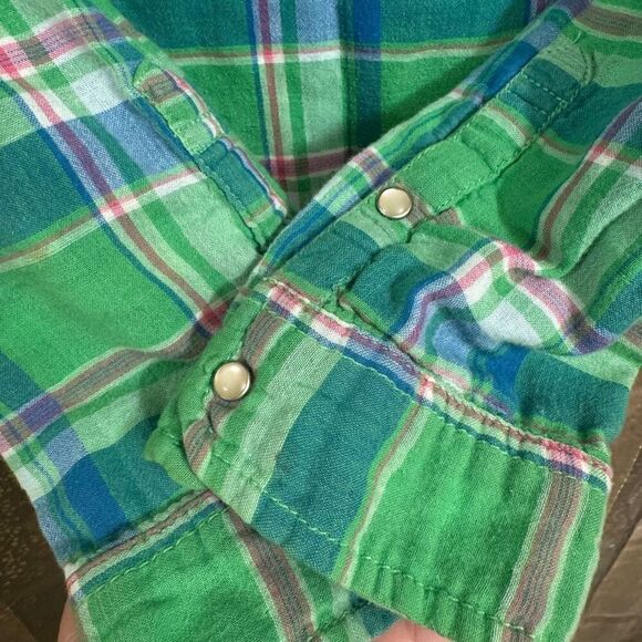 Vintage Y2K 2000s Hollister Green Blue Plaid Button Down Top Large - Picture 7 of 7